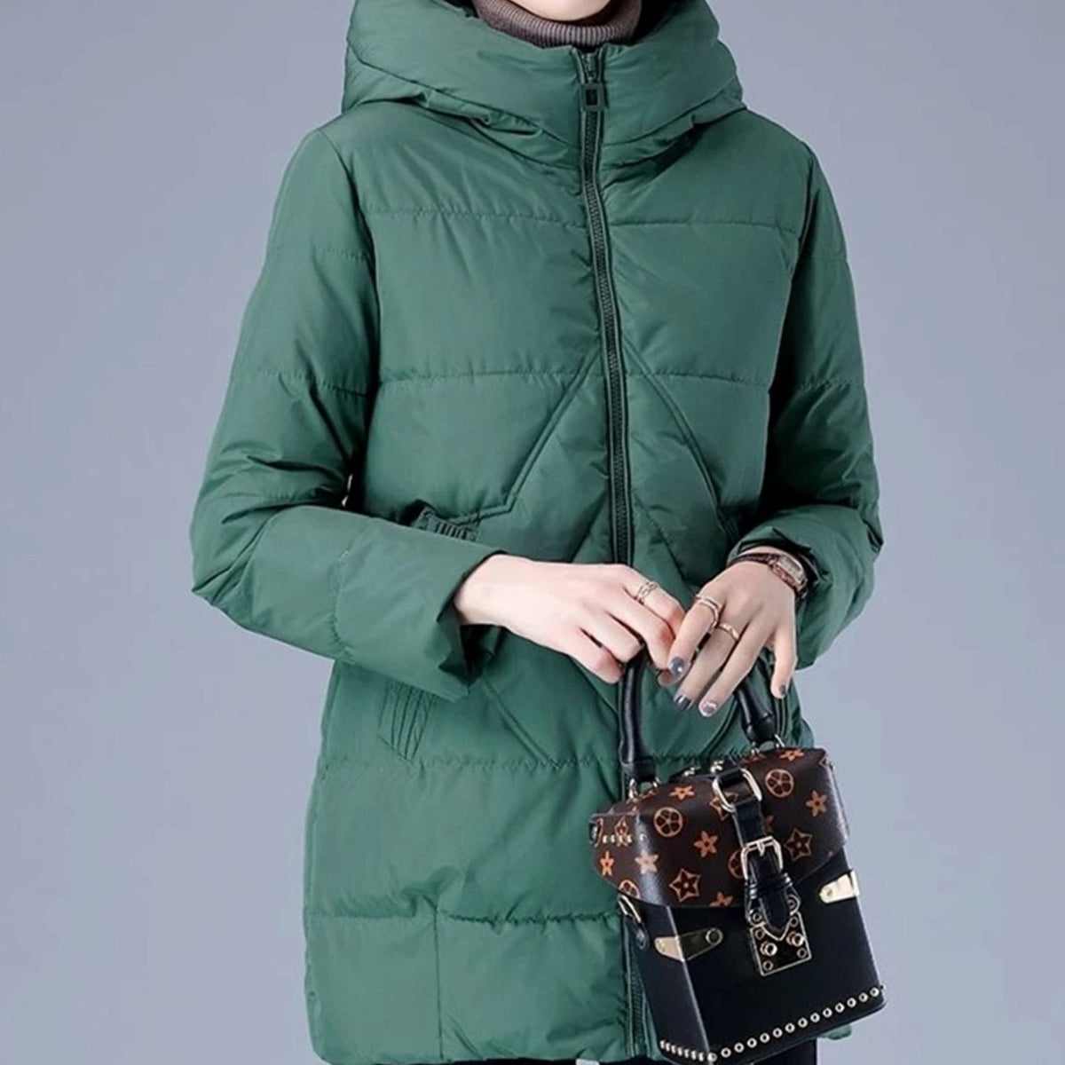 Women's Mid-Length Padded Coat with Hood and Side Pockets - Green