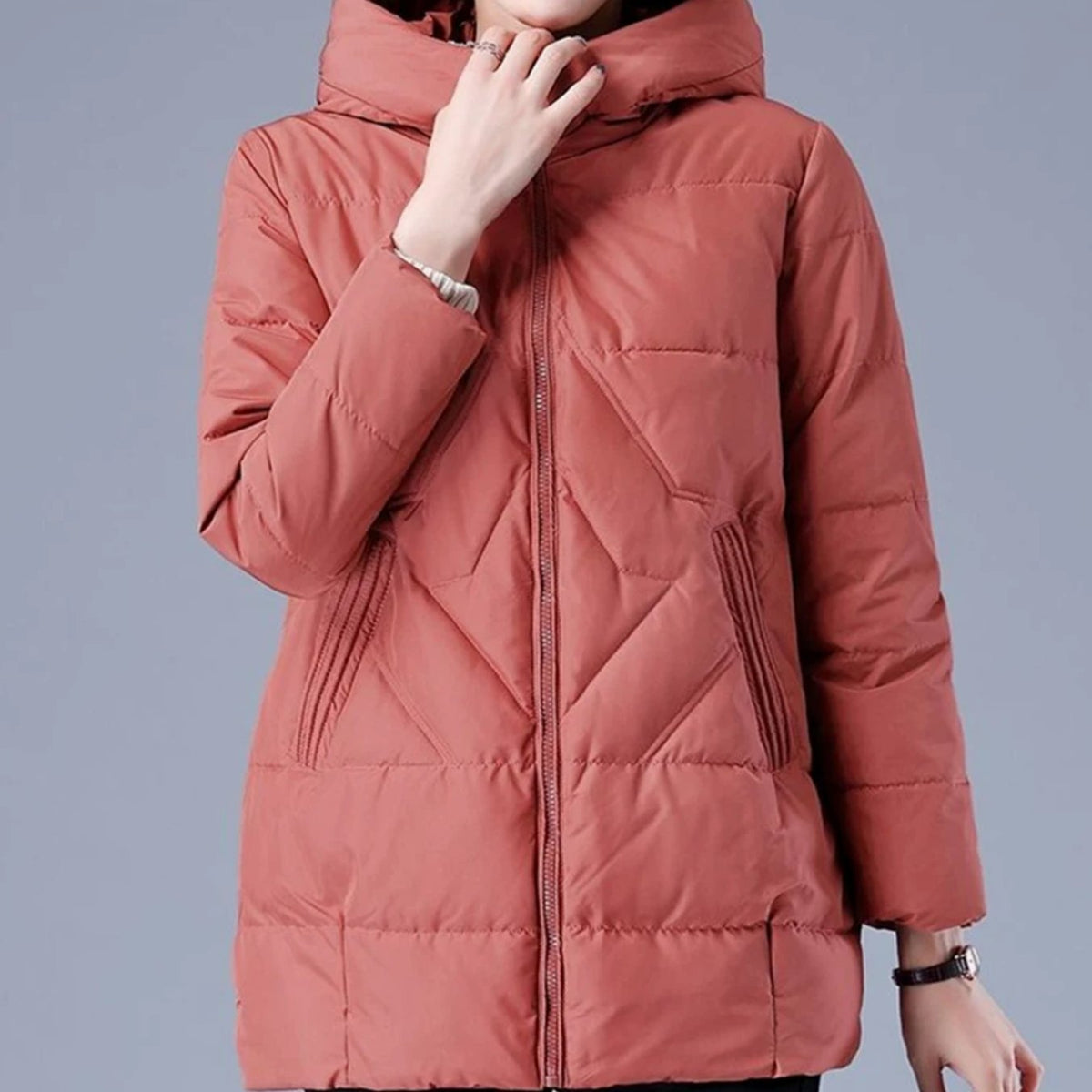Women's Mid-Length Padded Coat with Hood and Side Pockets