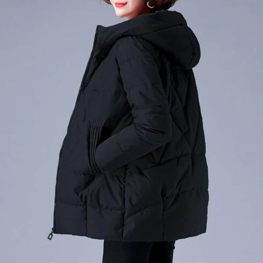 Women's Mid-Length Padded Coat with Hood and Side Pockets