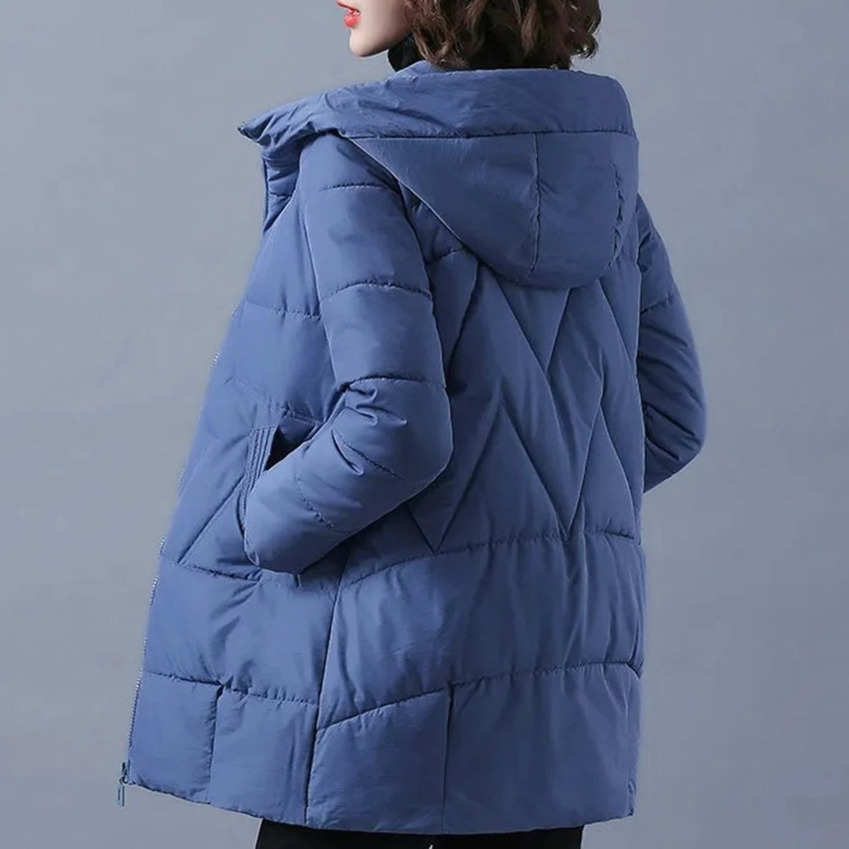 Women's Mid-Length Padded Coat with Hood and Side Pockets - Pink
