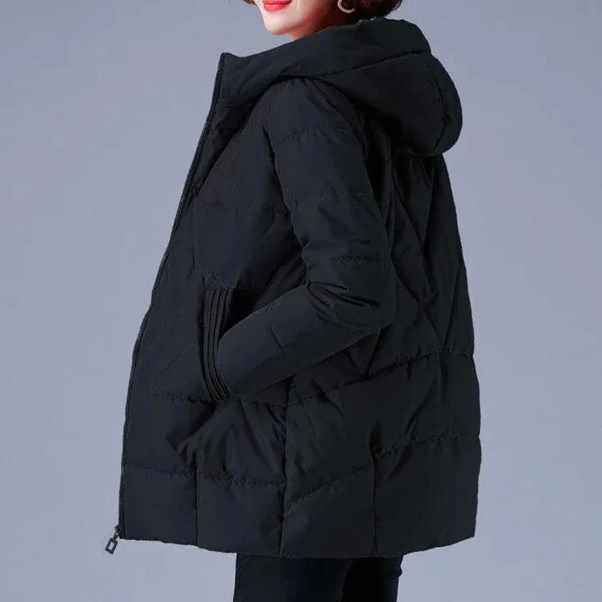Women's Mid-Length Padded Coat with Hood and Side Pockets - Blue