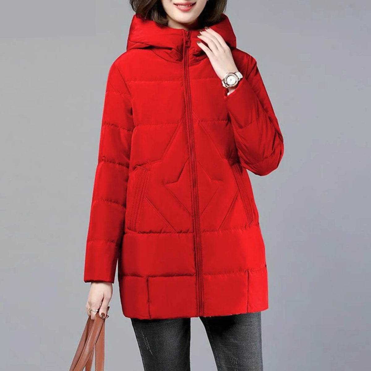 Women's Mid-Length Padded Coat with Hood and Side Pockets - Black