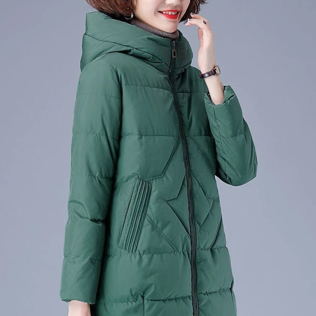 Women's Mid-Length Padded Coat with Hood and Side Pockets - Red