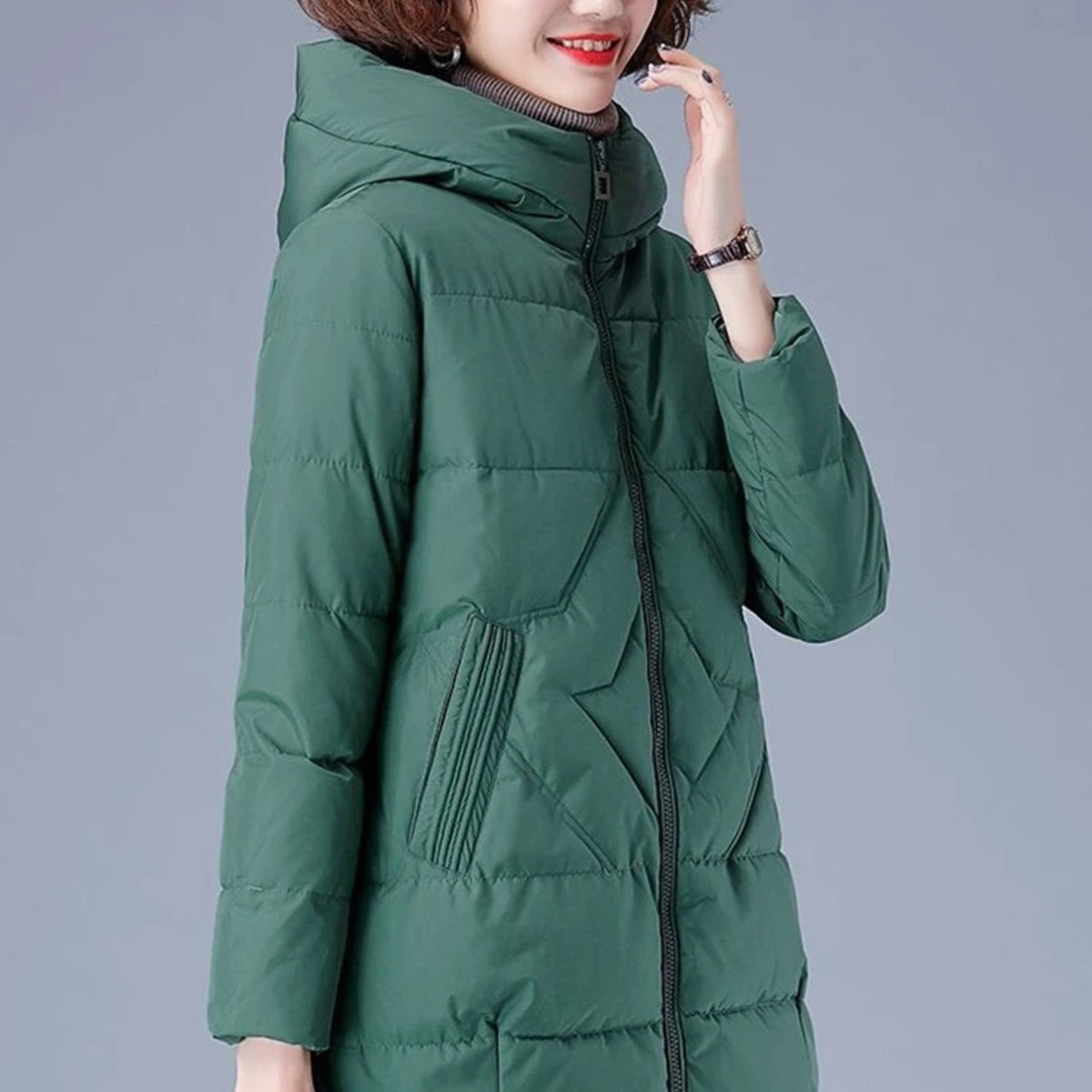 Women's Mid-Length Padded Coat with Hood and Side Pockets - Red