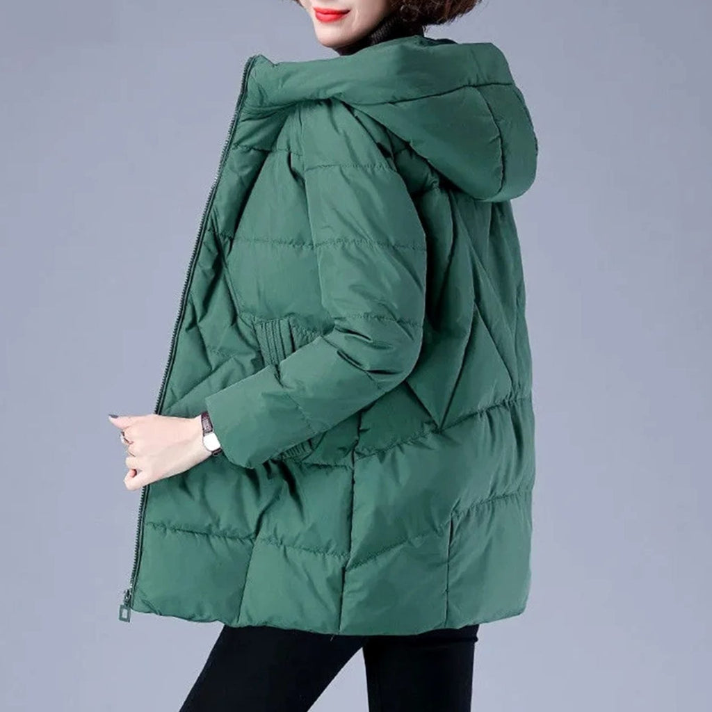 Women's Mid-Length Padded Coat with Hood and Side Pockets