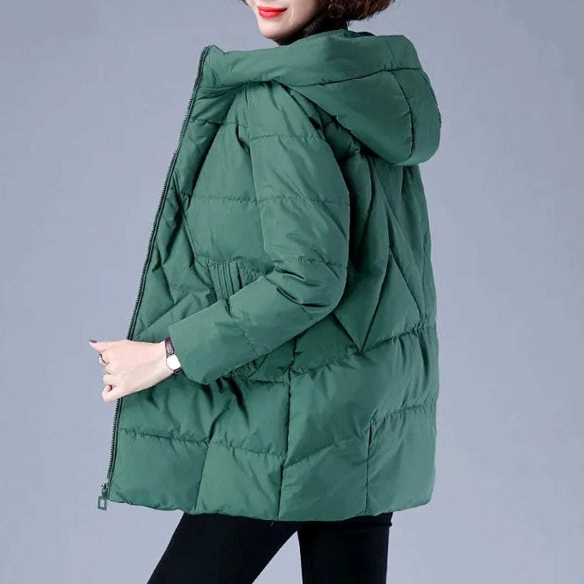 Women's Mid-Length Padded Coat with Hood and Side Pockets