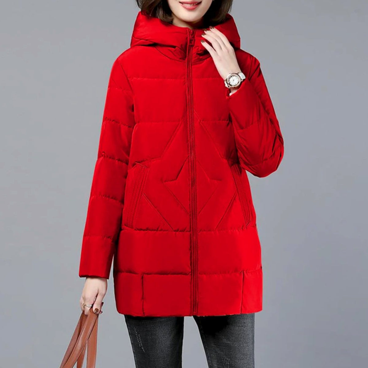 Women's Mid-Length Padded Coat with Hood and Side Pockets