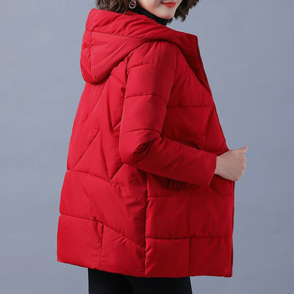 Women's Mid-Length Padded Coat with Hood and Side Pockets