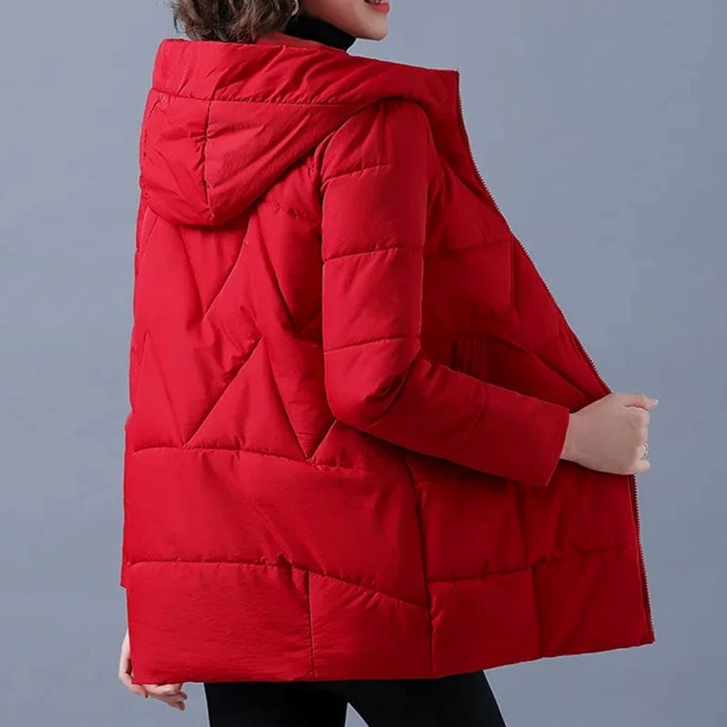 Women's Mid-Length Padded Coat with Hood and Side Pockets