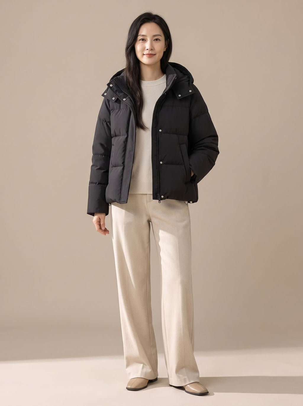 Women's Loose Fit Hooded Quilted Down Puffer Jacket - Classic Black