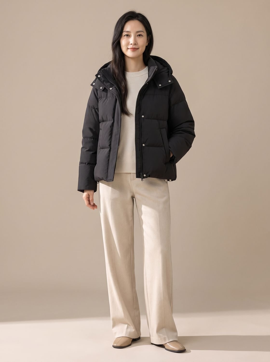Women's Loose Fit Hooded Quilted Down Puffer Jacket - Classic Black