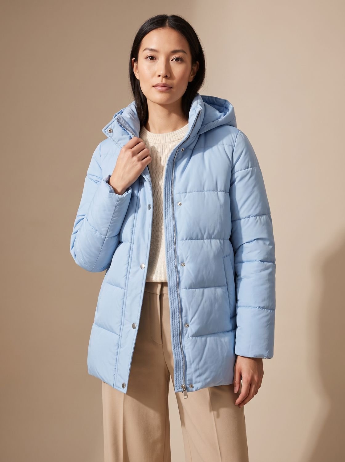 Women's Loose Fit Hooded Quilted Down Puffer Jacket - Sky Blue