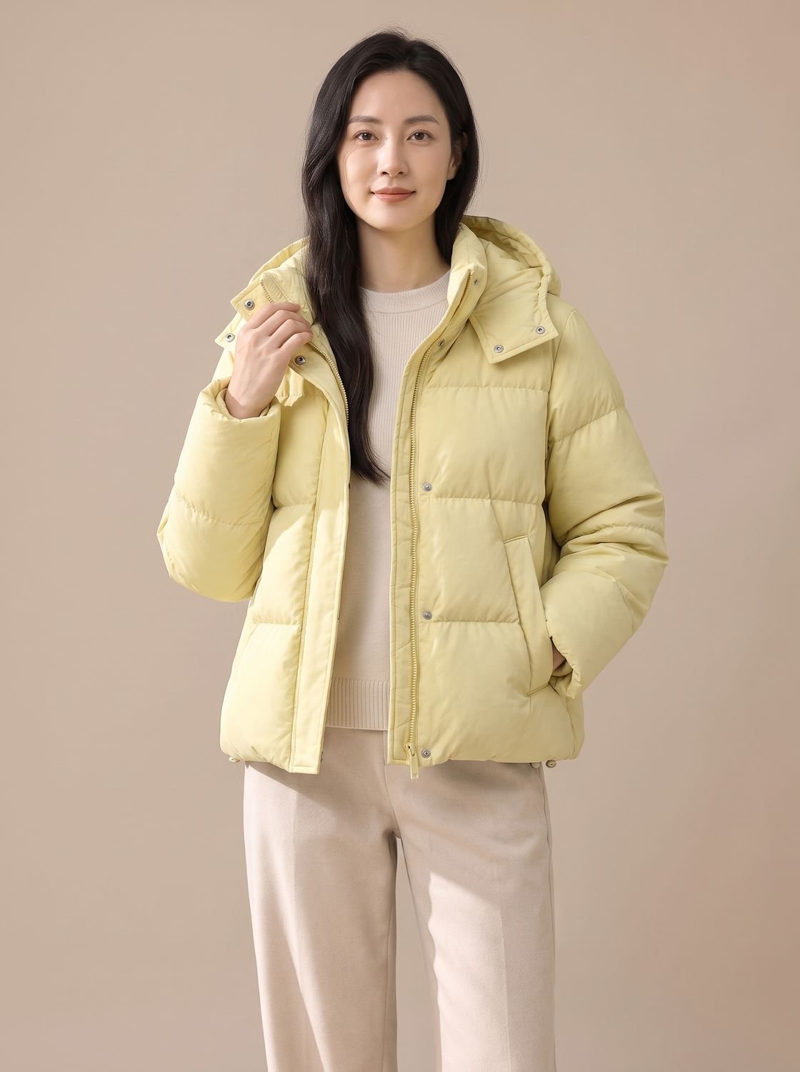 Women's Loose Fit Hooded Quilted Down Puffer Jacket - Creamy Yellow