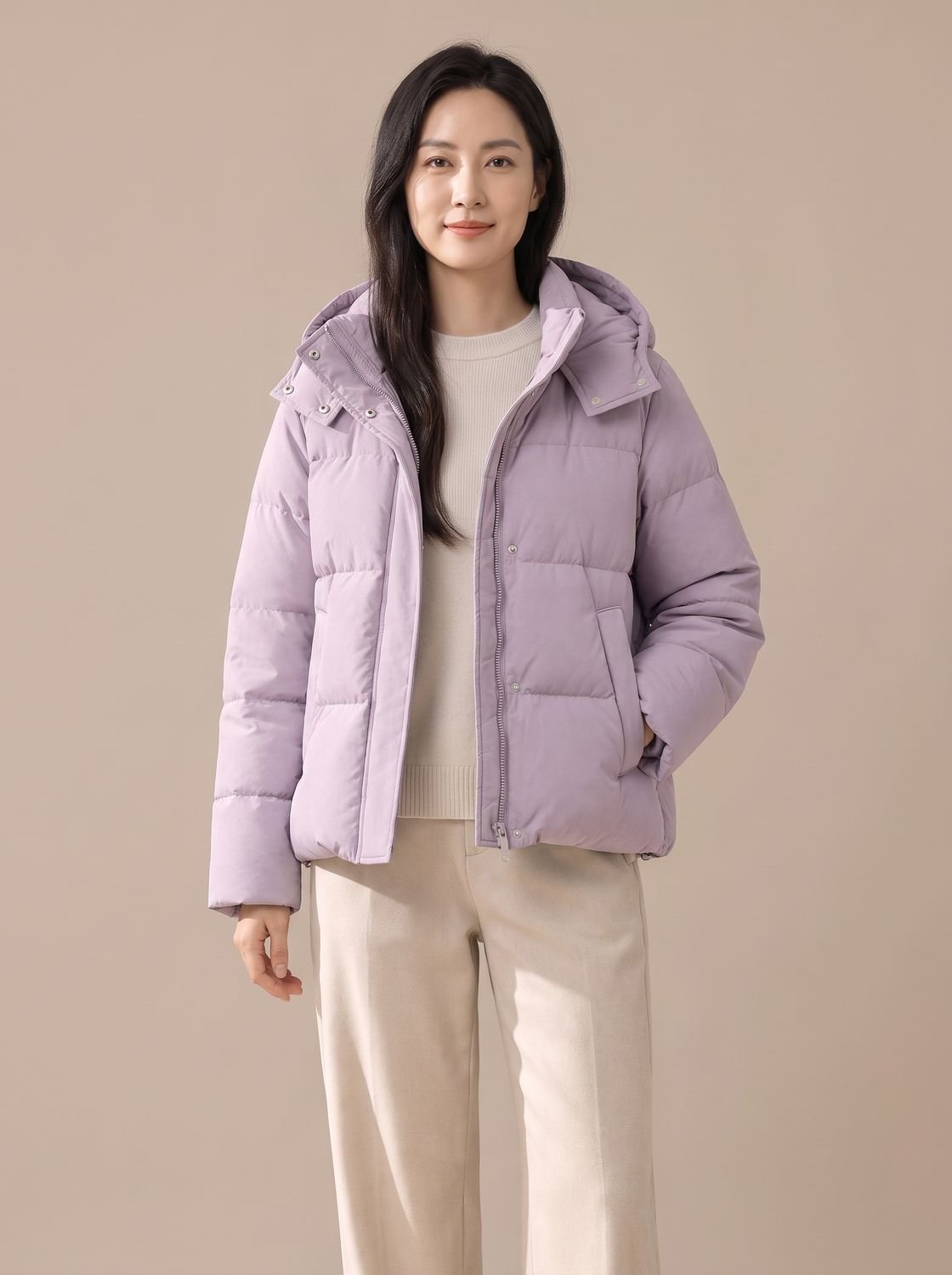 Women's Loose Fit Hooded Quilted Down Puffer Jacket - Morning Mist Purple