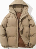 Women's Hooded Zip-Up Puffer Jacket with Drawstring Hem - Khaki