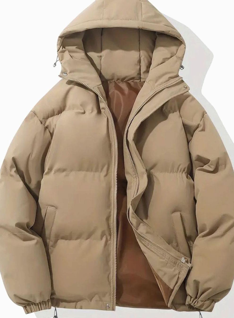 Women's Hooded Zip-Up Puffer Jacket with Drawstring Hem - Khaki