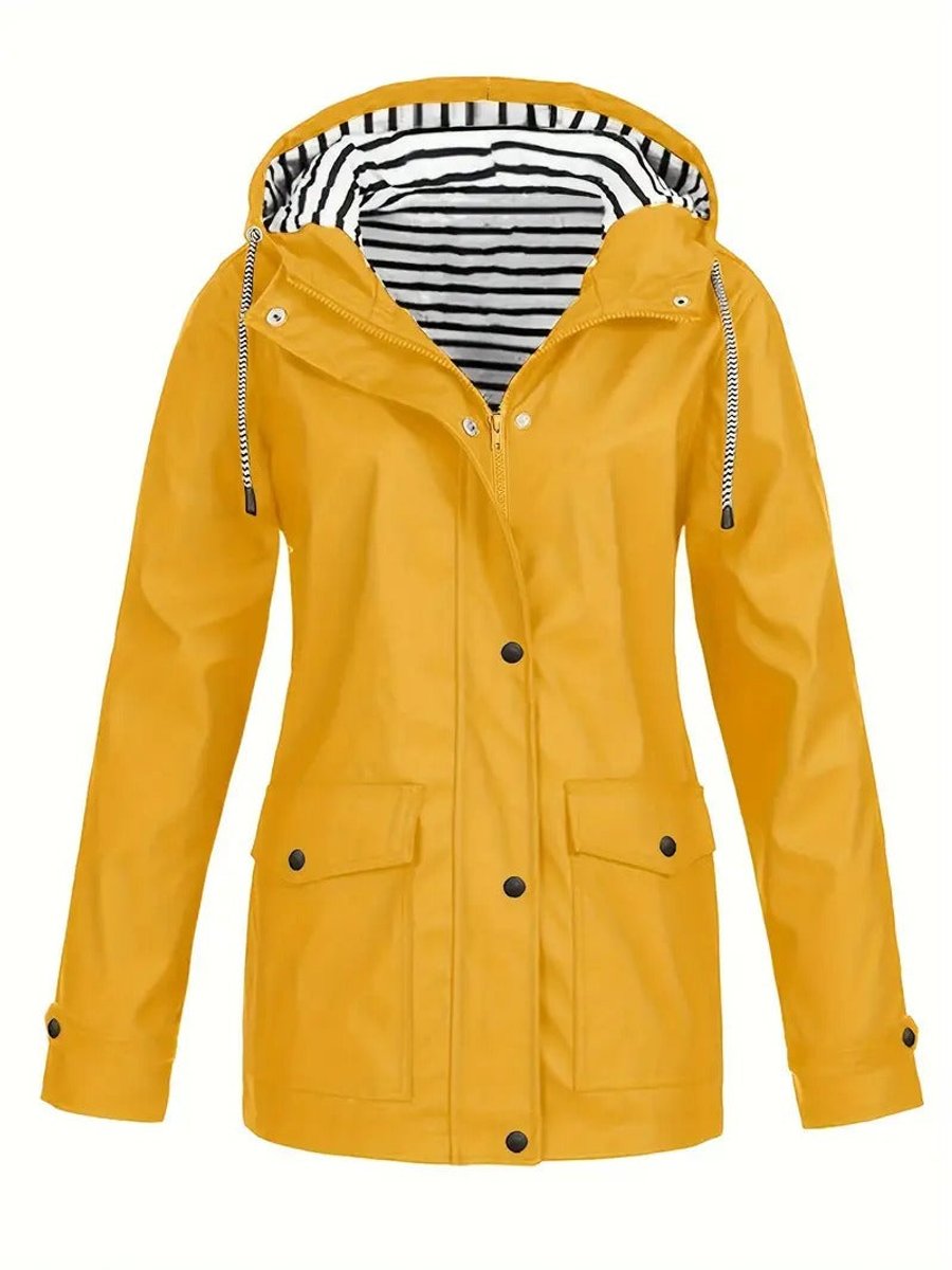 Women's Hooded Waterproof Zip-Up Rain Coat - Yellow