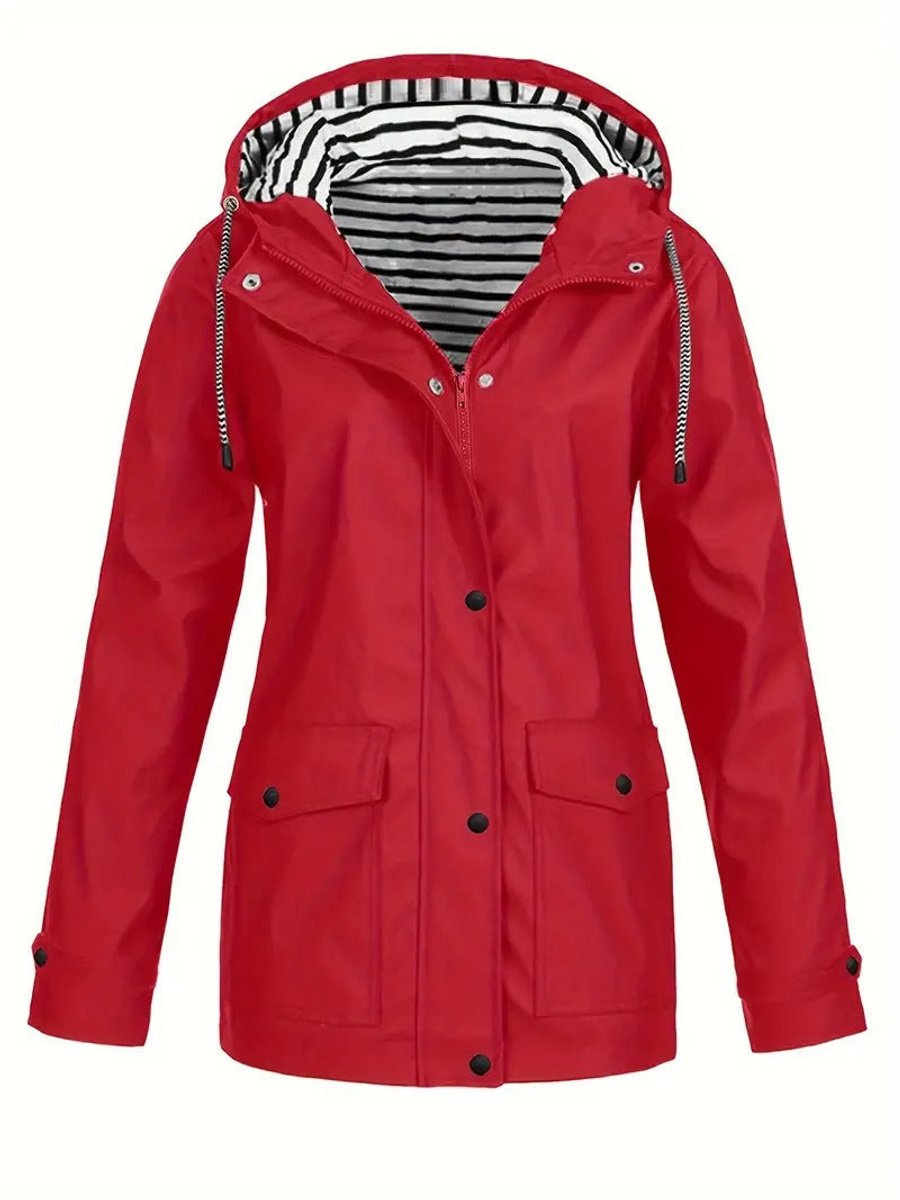 Women's Hooded Waterproof Zip-Up Rain Coat - Red
