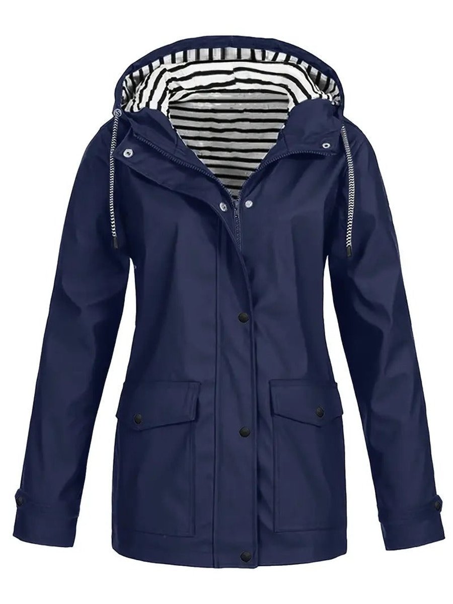 Women's Hooded Waterproof Zip-Up Rain Coat - Navy Blue