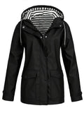 Women's Hooded Waterproof Zip-Up Rain Coat - Black