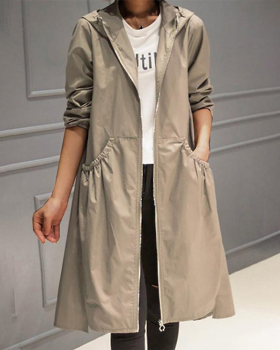 Women's Hooded Waterproof Long Trench Coat - Khaki