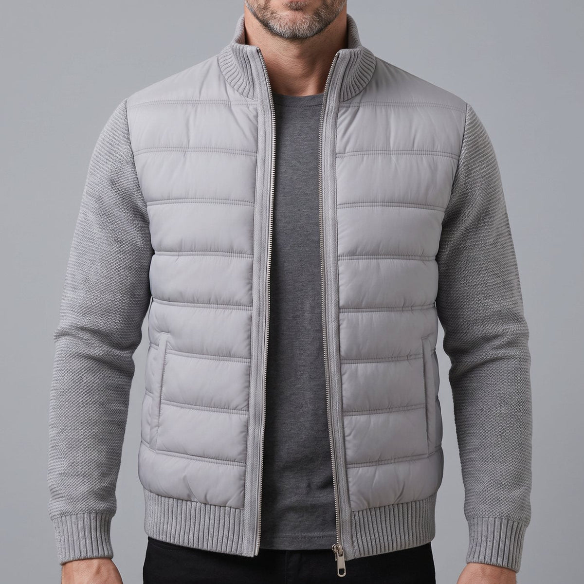 Women's Fitted Quilted Jacket with Knit Sleeves and Full Zip
