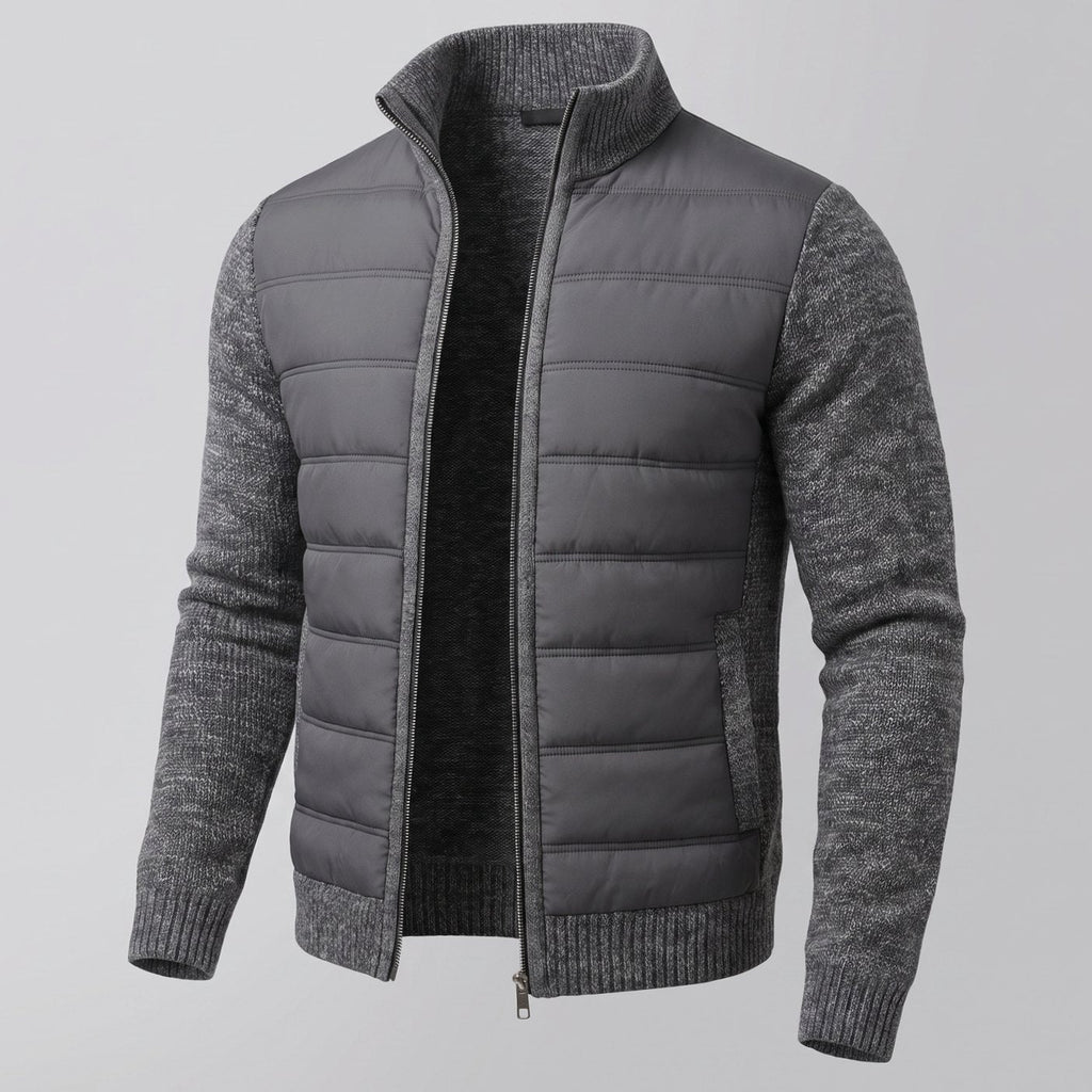 Women's Fitted Quilted Jacket with Knit Sleeves and Full Zip - Dark Gray