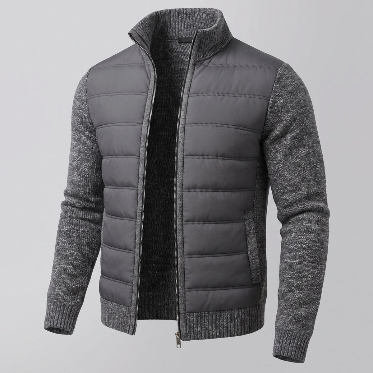 Women's Fitted Quilted Jacket with Knit Sleeves and Full Zip - Dark Gray