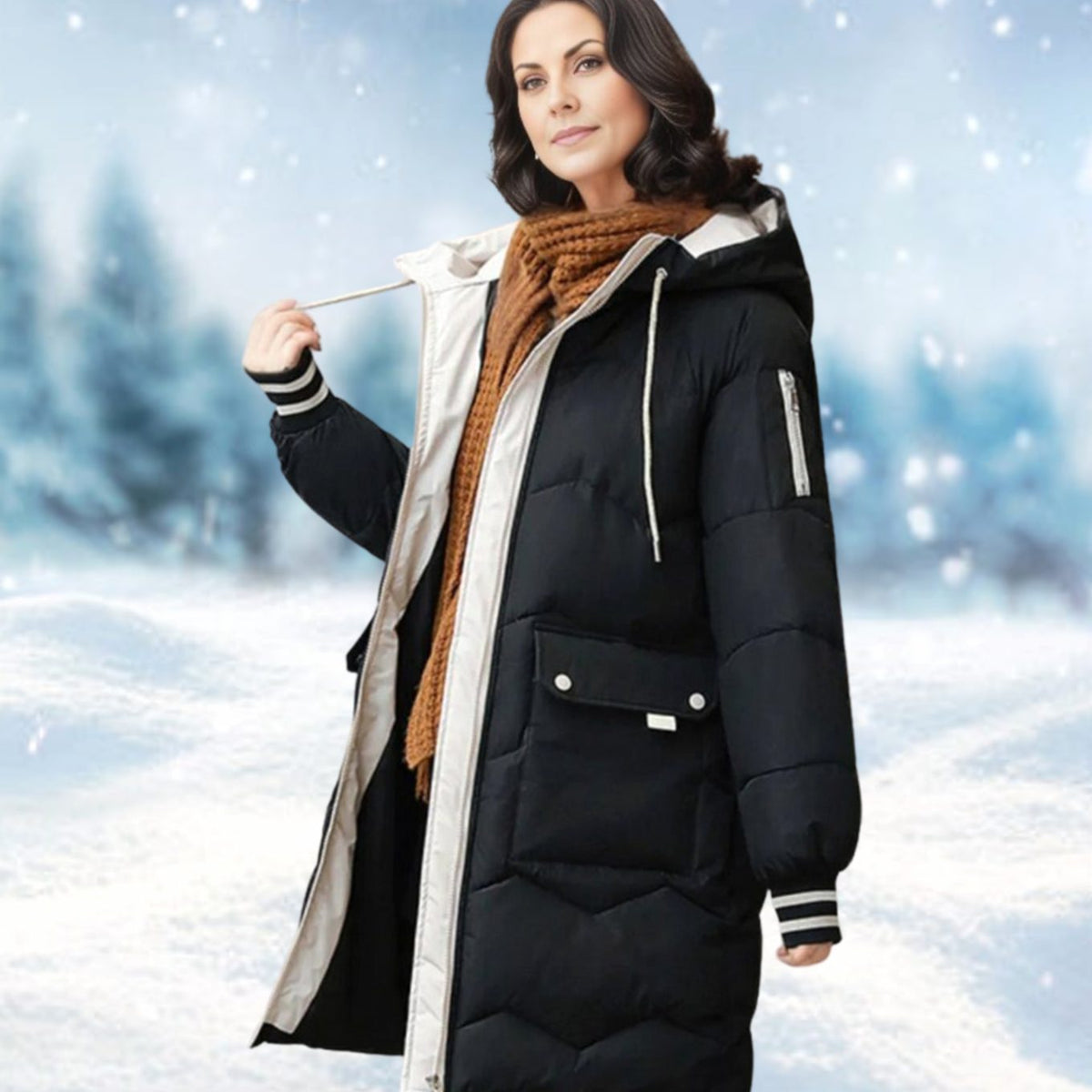 Women's Insulated Hooded Mid-Length Puffer Coat - Black