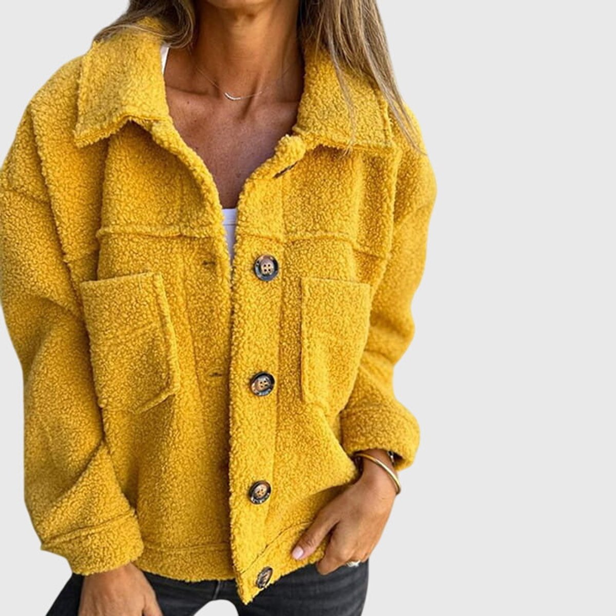 Women's Sherpa Fleece Button-Front Jacket - Yellow