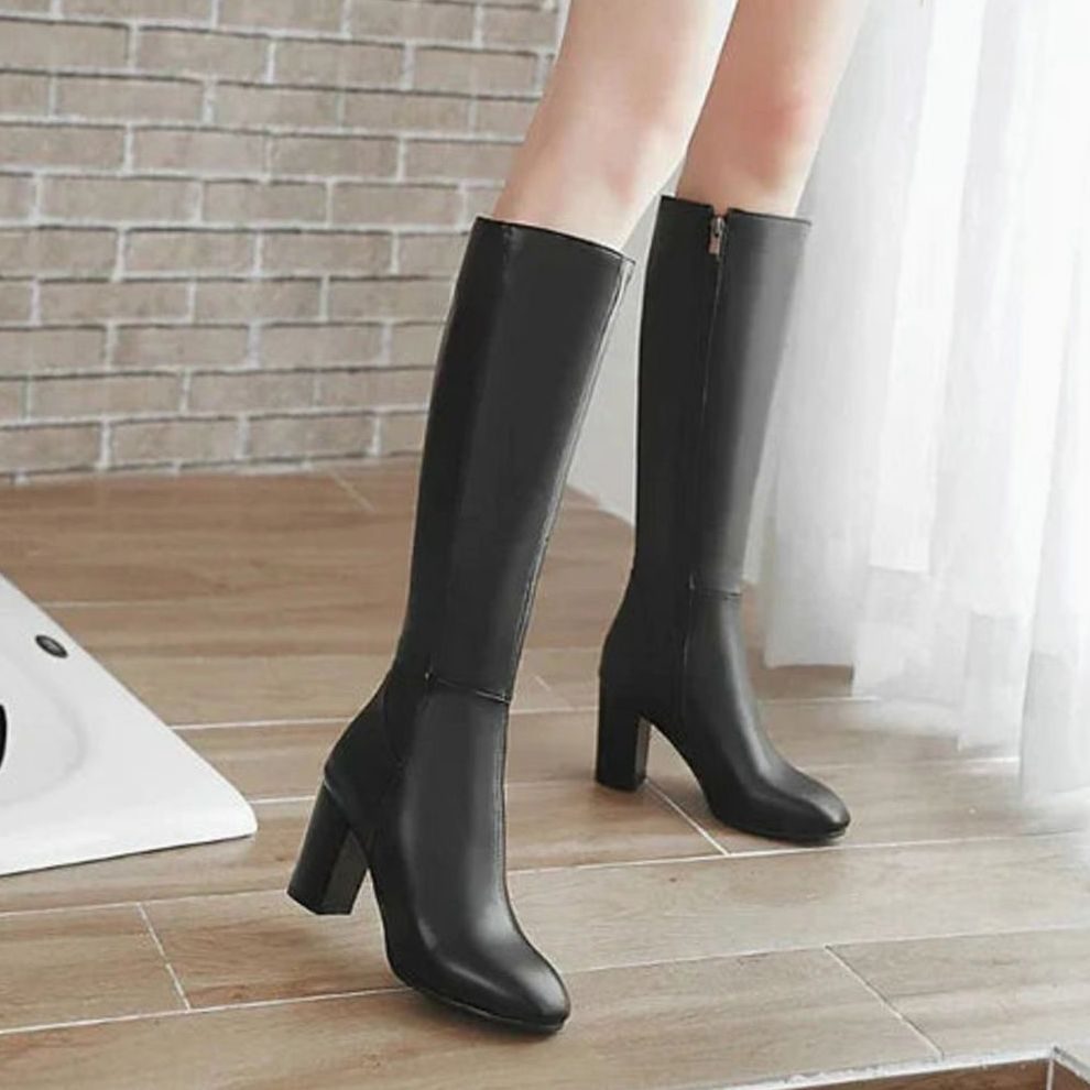 Women's Knee-High Block Heel Side-Zip Boots - Black