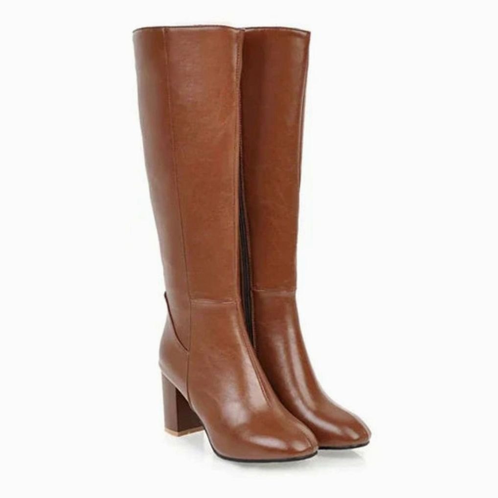 Women's Knee-High Block Heel Side-Zip Boots - Brown