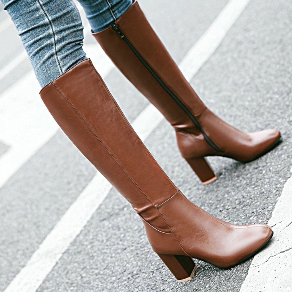 Women's Smooth Faux Leather Knee-High Boots - Black
