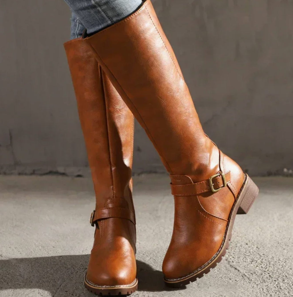 Women's Block Heel Leather Riding Boots - Brown