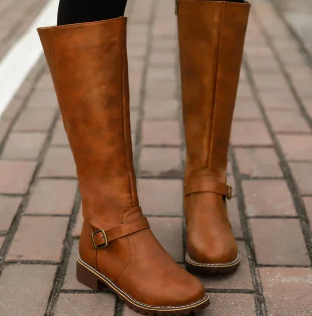 Women's Block Heel Leather Riding Boots - Dark Brown