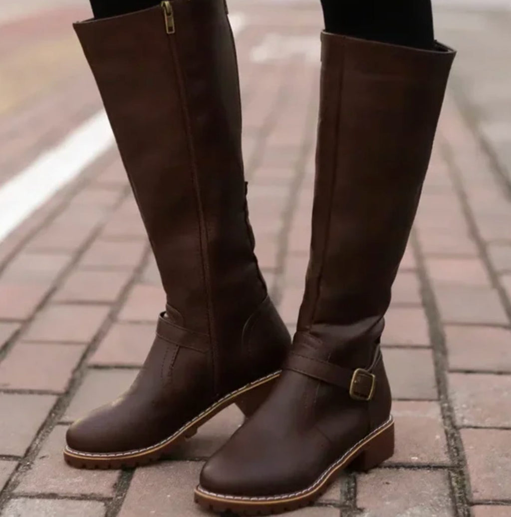 Women's Block Heel Leather Riding Boots - Black
