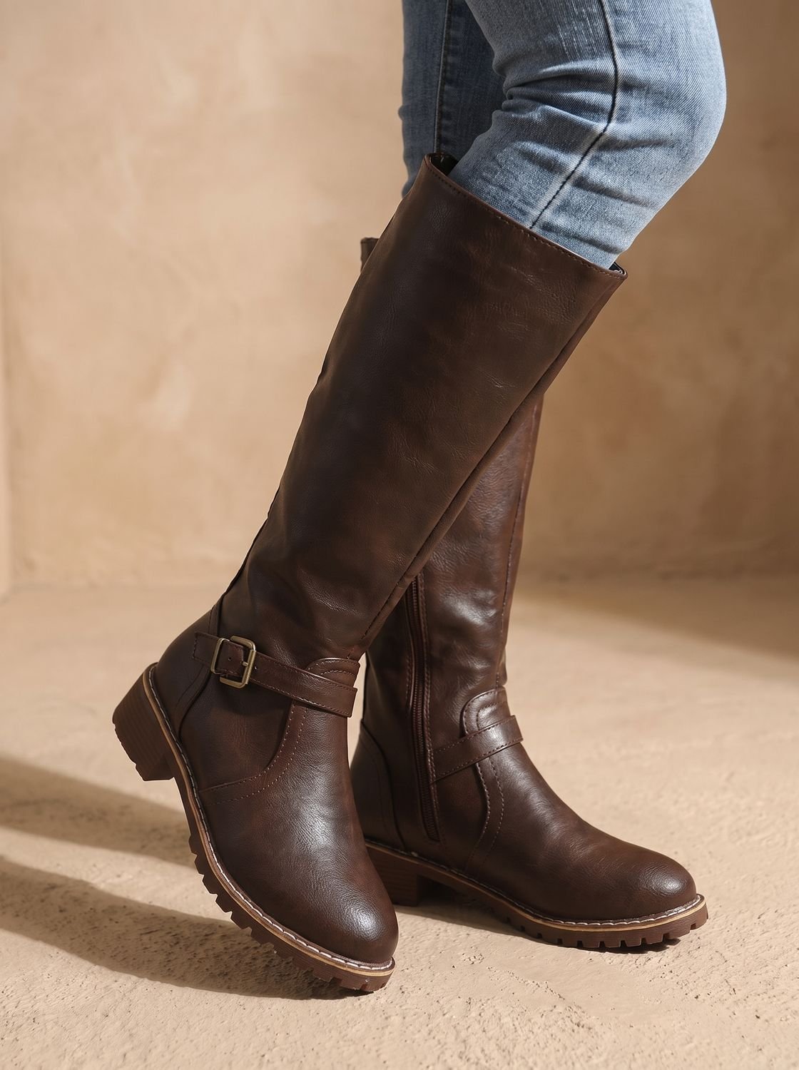 Women's Knee-High Riding Boots with Removable Footbed - Dark Brown