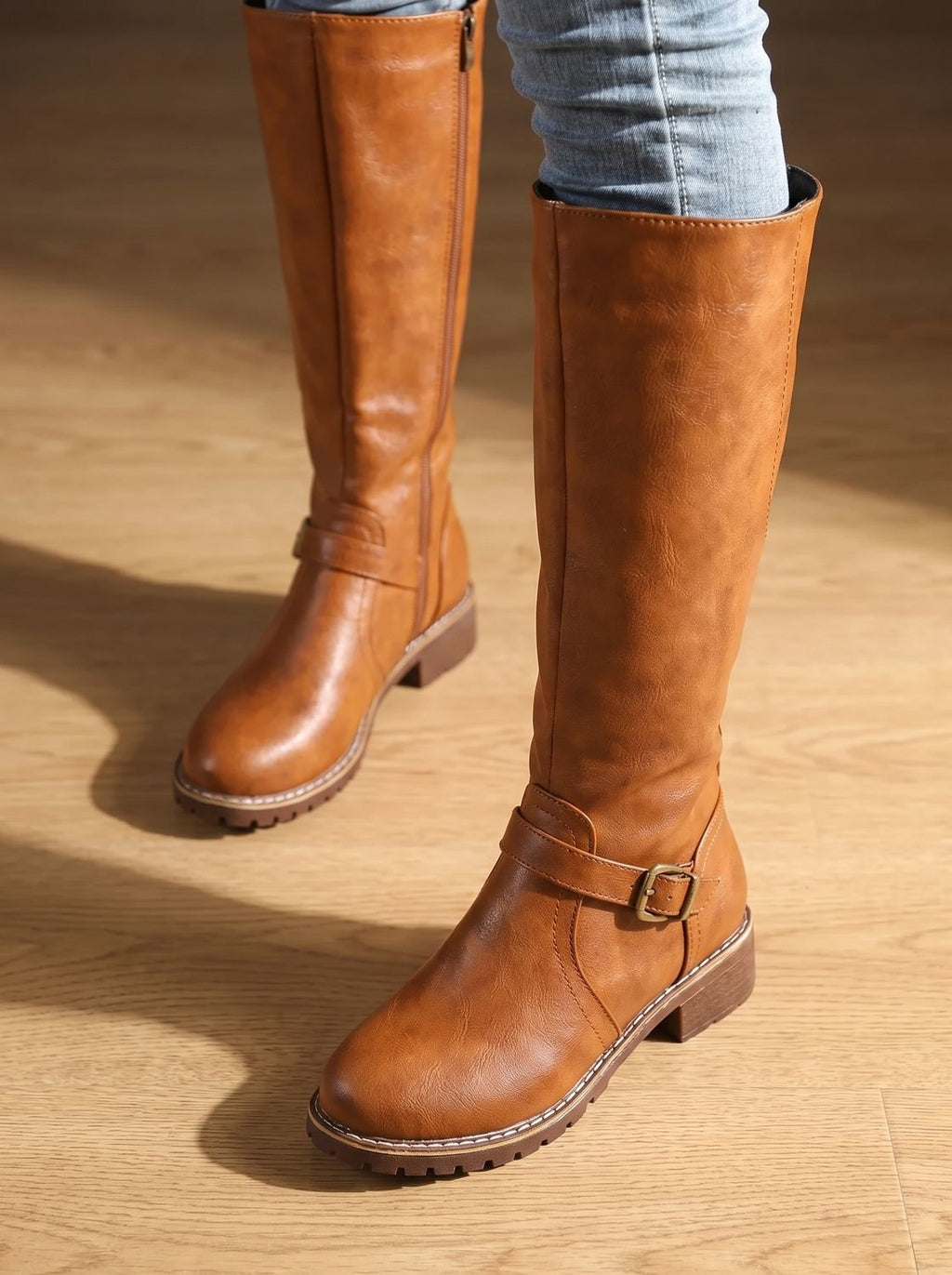 Women's Knee-High Riding Boots with Removable Footbed - Brown