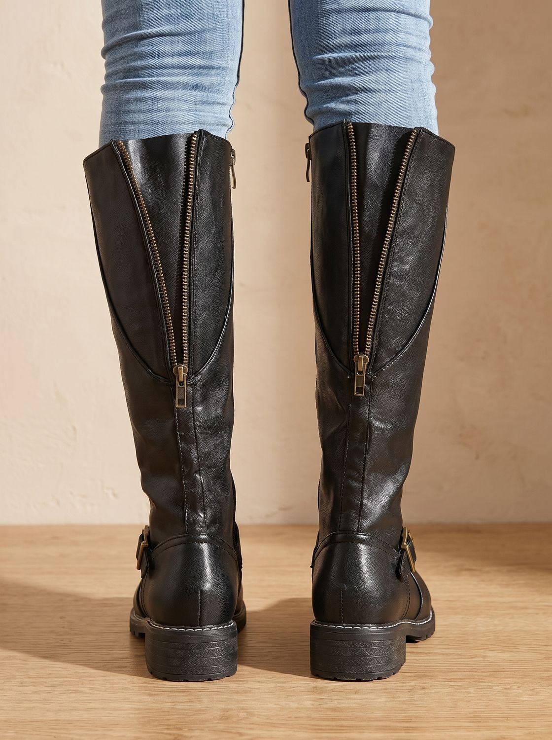 Women's Knee-High Riding Boots with Removable Footbed - Black