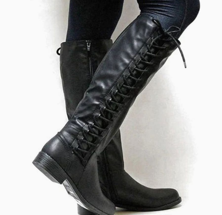 Women's Knee-High Lace-Up Side-Zip Riding Boots - Black