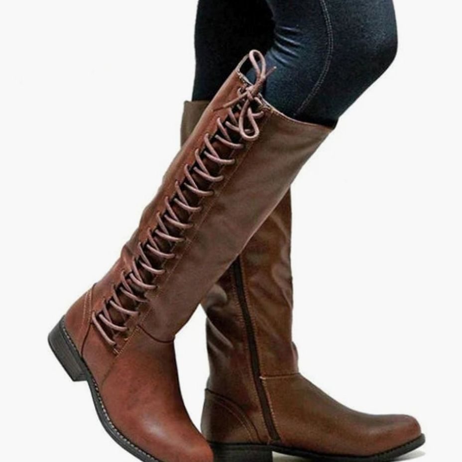 Women's Knee-High Lace-Up Side-Zip Riding Boots - Dark Brown