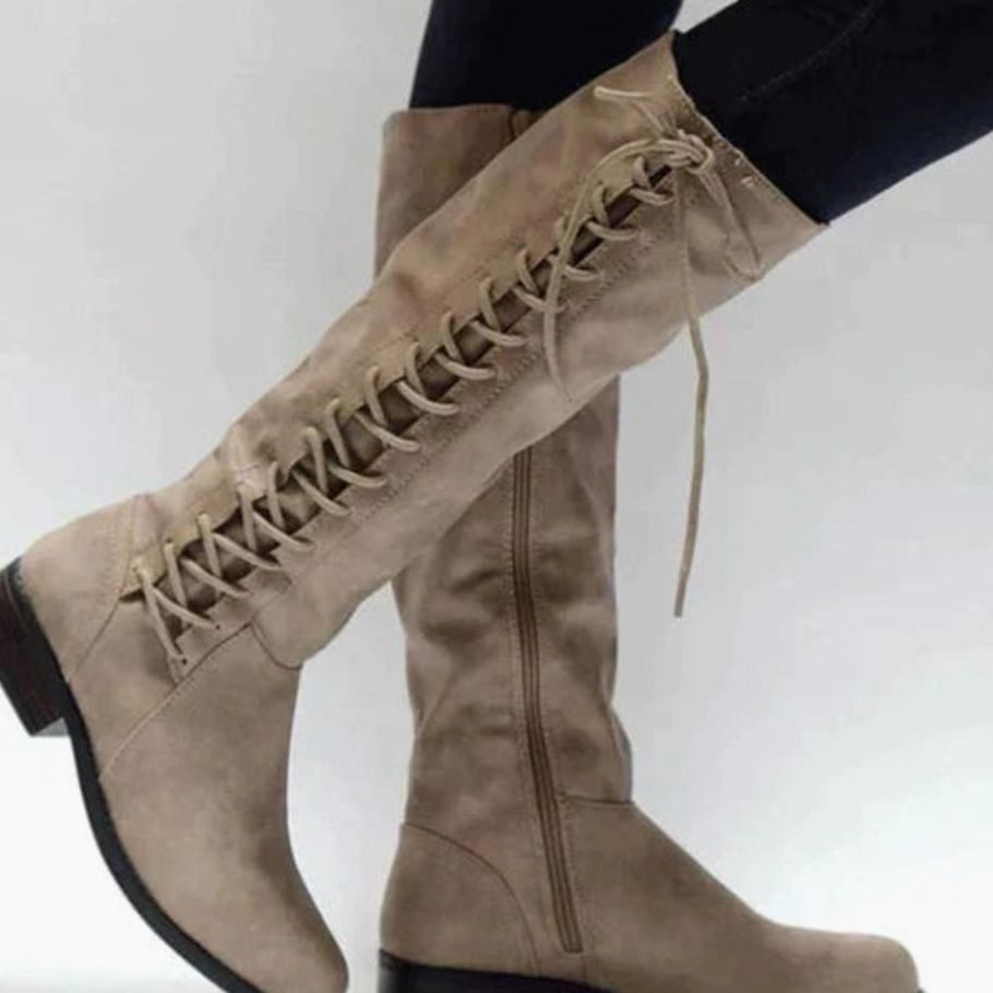 Women's Knee-High Lace-Up Side-Zip Riding Boots - Brown