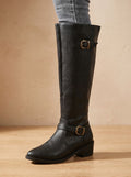 Women's Knee-High Riding Boots with Antique Buckle Straps - Black