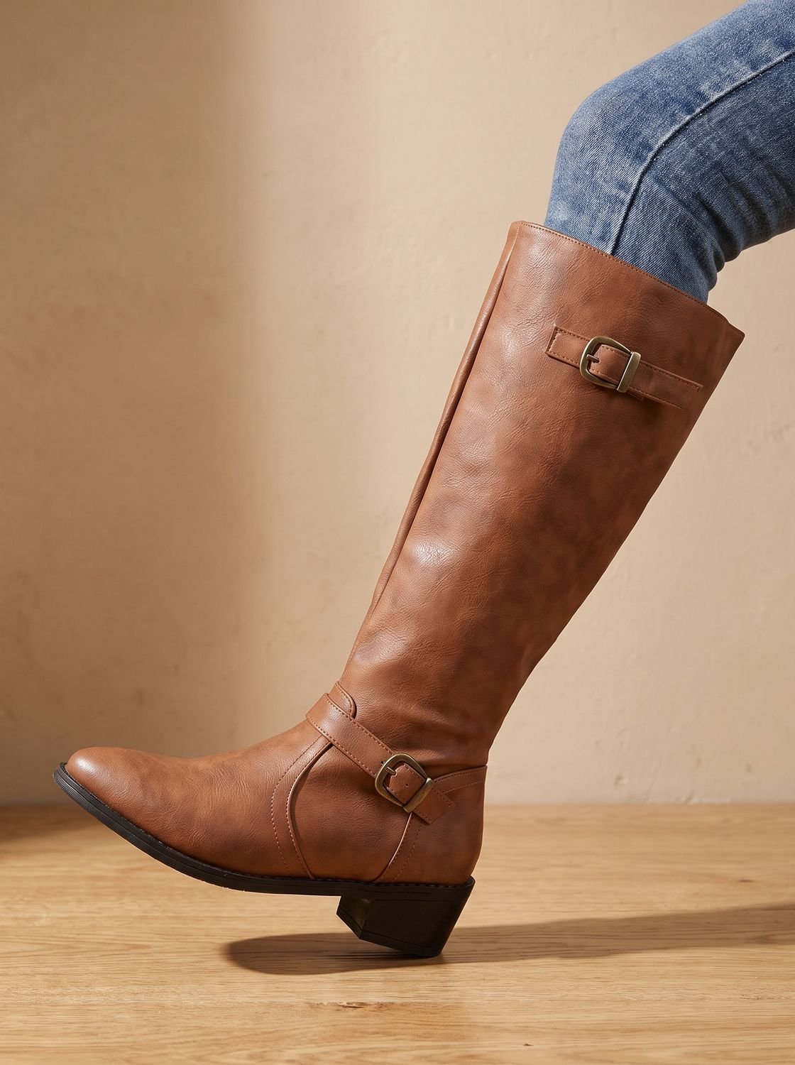 Women's Knee-High Riding Boots with Antique Buckle Straps - Light Brown