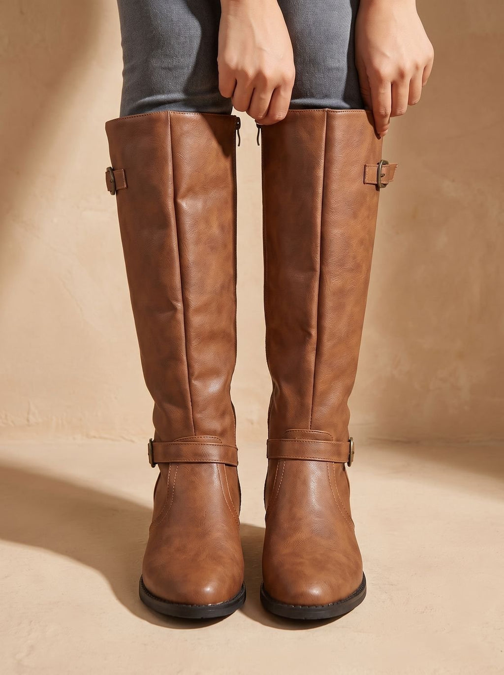 Women's Knee-High Riding Boots with Antique Buckle Straps