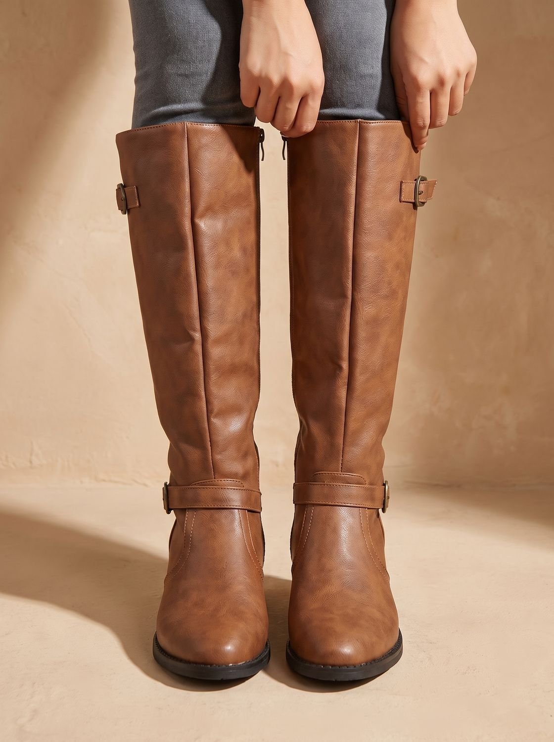 Women's Knee-High Riding Boots with Antique Buckle Straps