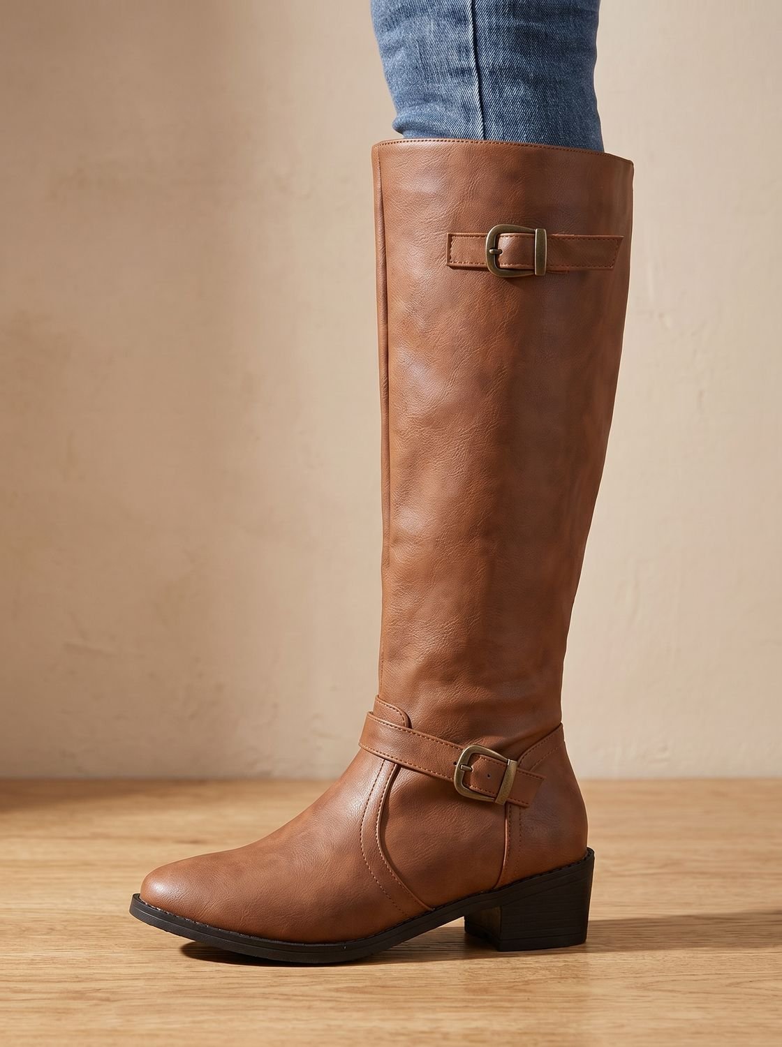Women's Knee-High Riding Boots with Antique Buckle Straps