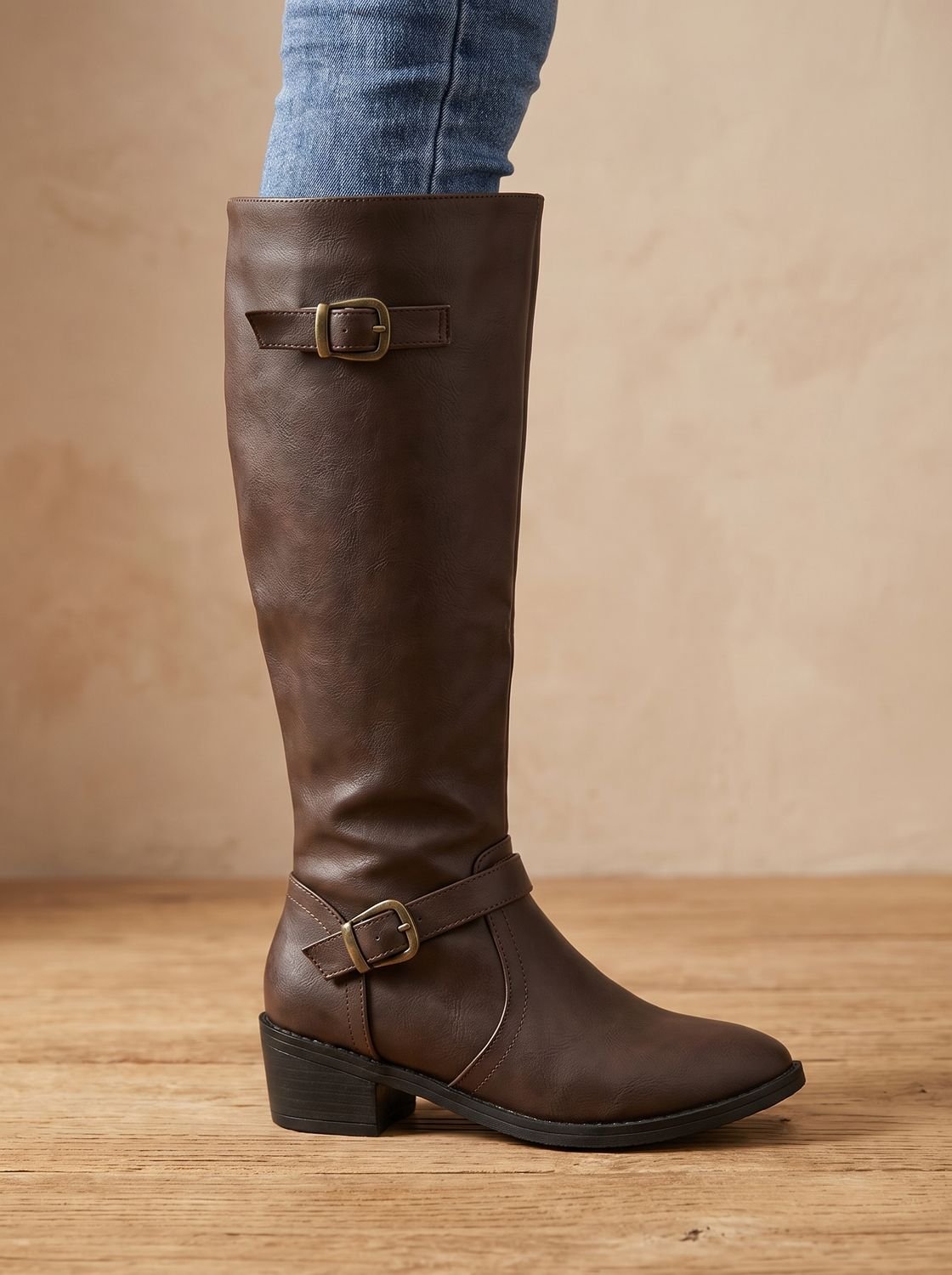 Women's Knee-High Riding Boots with Antique Buckle Straps