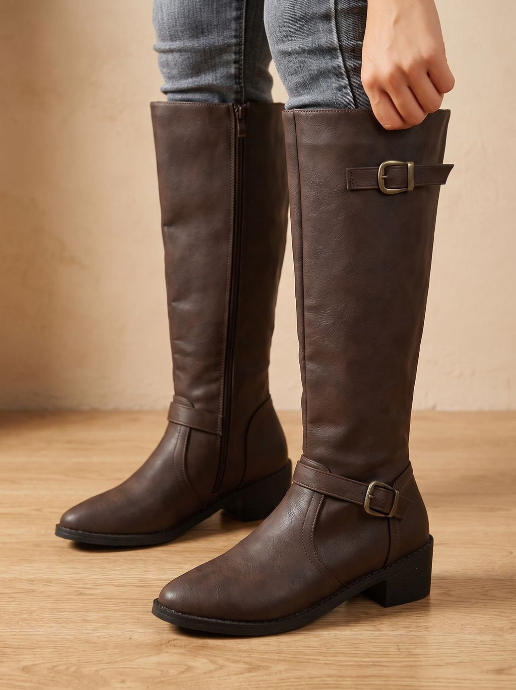 Women's Knee-High Riding Boots with Antique Buckle Straps