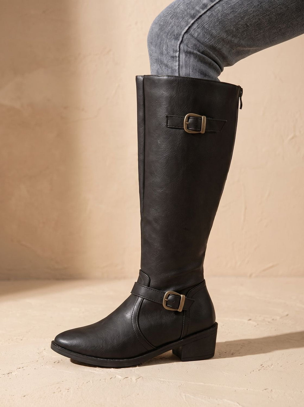 Women's Knee-High Riding Boots with Antique Buckle Straps